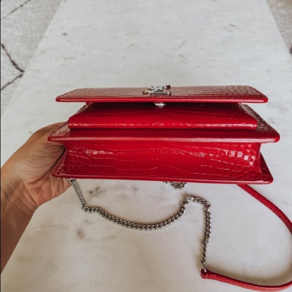 SOLD- Ysl Mini Sunset Croc Embossed Red Calfskin Leather - Picture 7 of 10